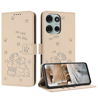 Motorola Moto G56 5G Embossed Kitten PU Leather Wallet Case with Card Slots, Cash Pocket, Kickstand Function, Wrist Lanyard Strap, Full Protective TPU Flip Cover