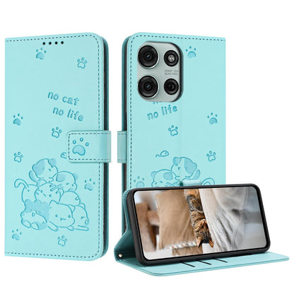 Motorola Moto G56 5G Embossed Kitten PU Leather Wallet Case with Card Slots, Cash Pocket, Kickstand Function, Wrist Lanyard Strap, Full Protective TPU Flip Cover