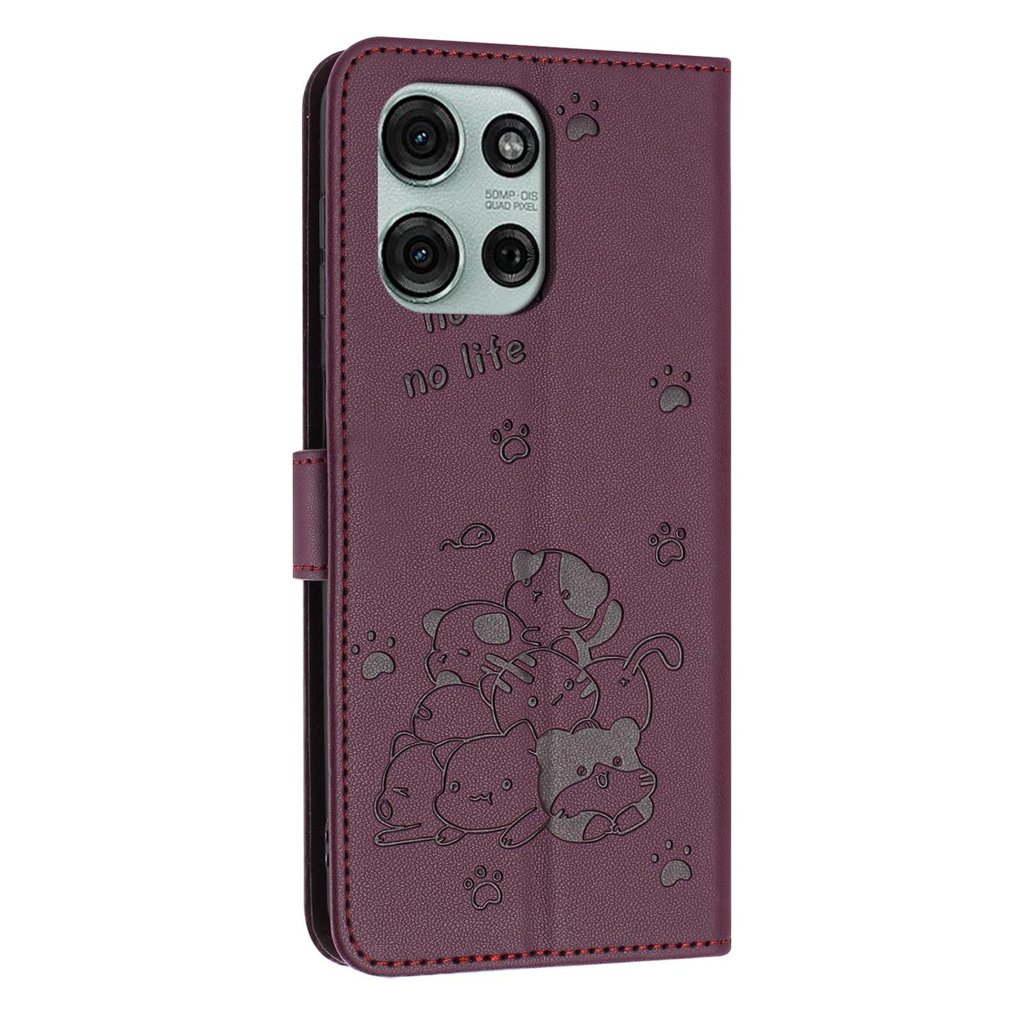 Motorola Moto G56 5G Embossed Kitten PU Leather Wallet Case with Card Slots, Cash Pocket, Kickstand Function, Wrist Lanyard Strap, Full Protective TPU Flip Cover