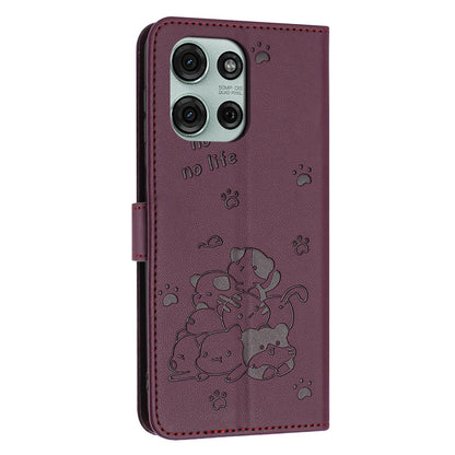 Motorola Moto G56 5G Embossed Kitten PU Leather Wallet Case with Card Slots, Cash Pocket, Kickstand Function, Wrist Lanyard Strap, Full Protective TPU Flip Cover