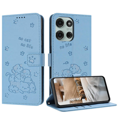 Motorola Moto G86 5G Embossed Kitten PU Leather Wallet Case with Card Slots, Cash Pocket, Kickstand Function, Wrist Lanyard Strap, Full Protective TPU Flip Cover