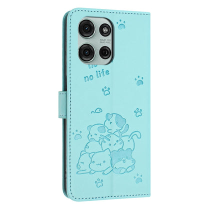 Motorola Moto G86 5G Embossed Kitten PU Leather Wallet Case with Card Slots, Cash Pocket, Kickstand Function, Wrist Lanyard Strap, Full Protective TPU Flip Cover