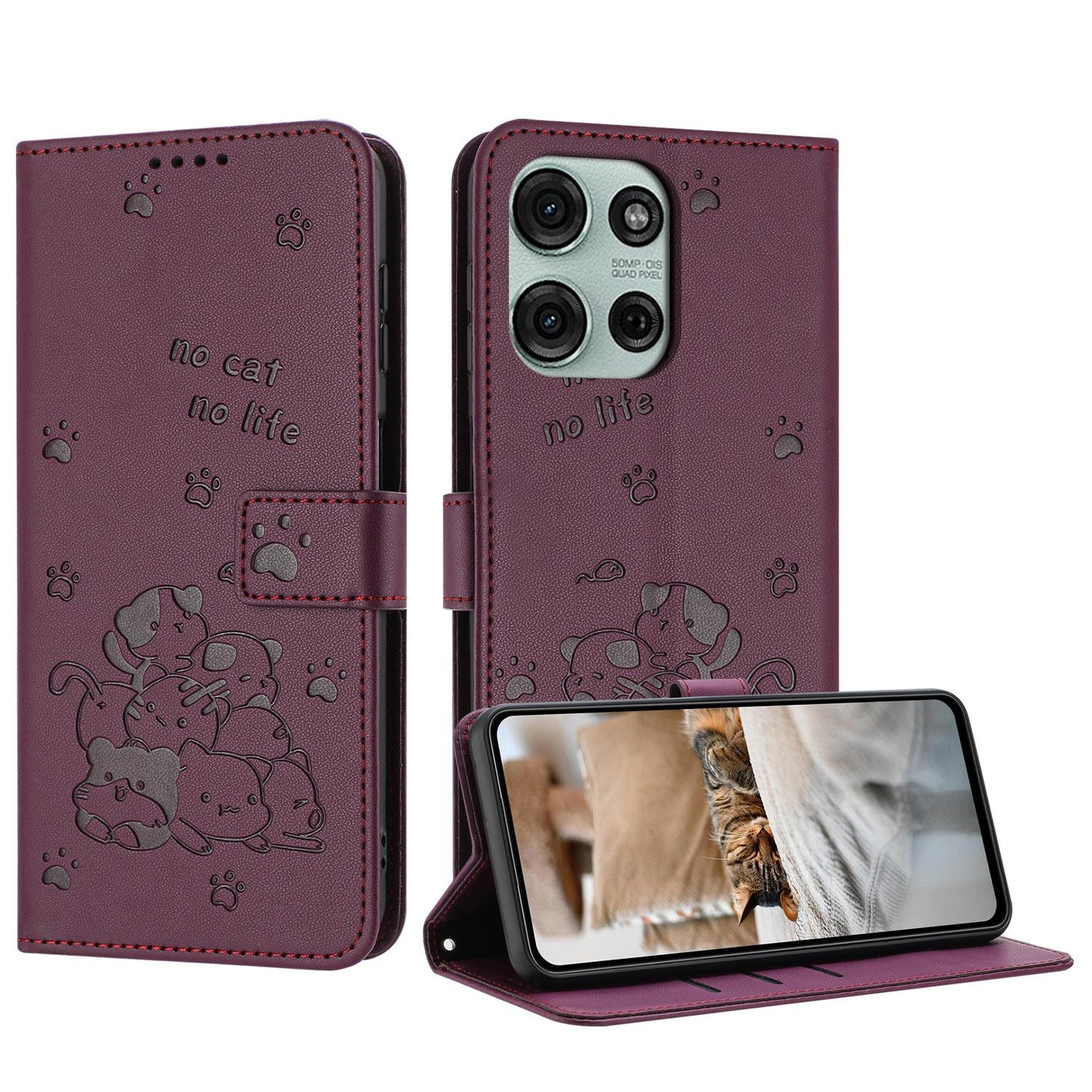 Motorola Moto G86 5G Embossed Kitten PU Leather Wallet Case with Card Slots, Cash Pocket, Kickstand Function, Wrist Lanyard Strap, Full Protective TPU Flip Cover