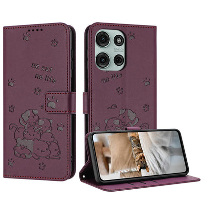 Motorola Moto G86 5G Embossed Kitten PU Leather Wallet Case with Card Slots, Cash Pocket, Kickstand Function, Wrist Lanyard Strap, Full Protective TPU Flip Cover