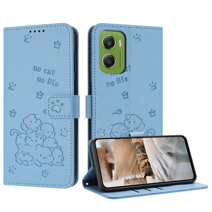 Motorola Moto G06 4G Embossed Kitten PU Leather Wallet Case with Card Slots, Cash Pocket, Kickstand Function, Wrist Lanyard Strap, Full Protective TPU Flip Cover