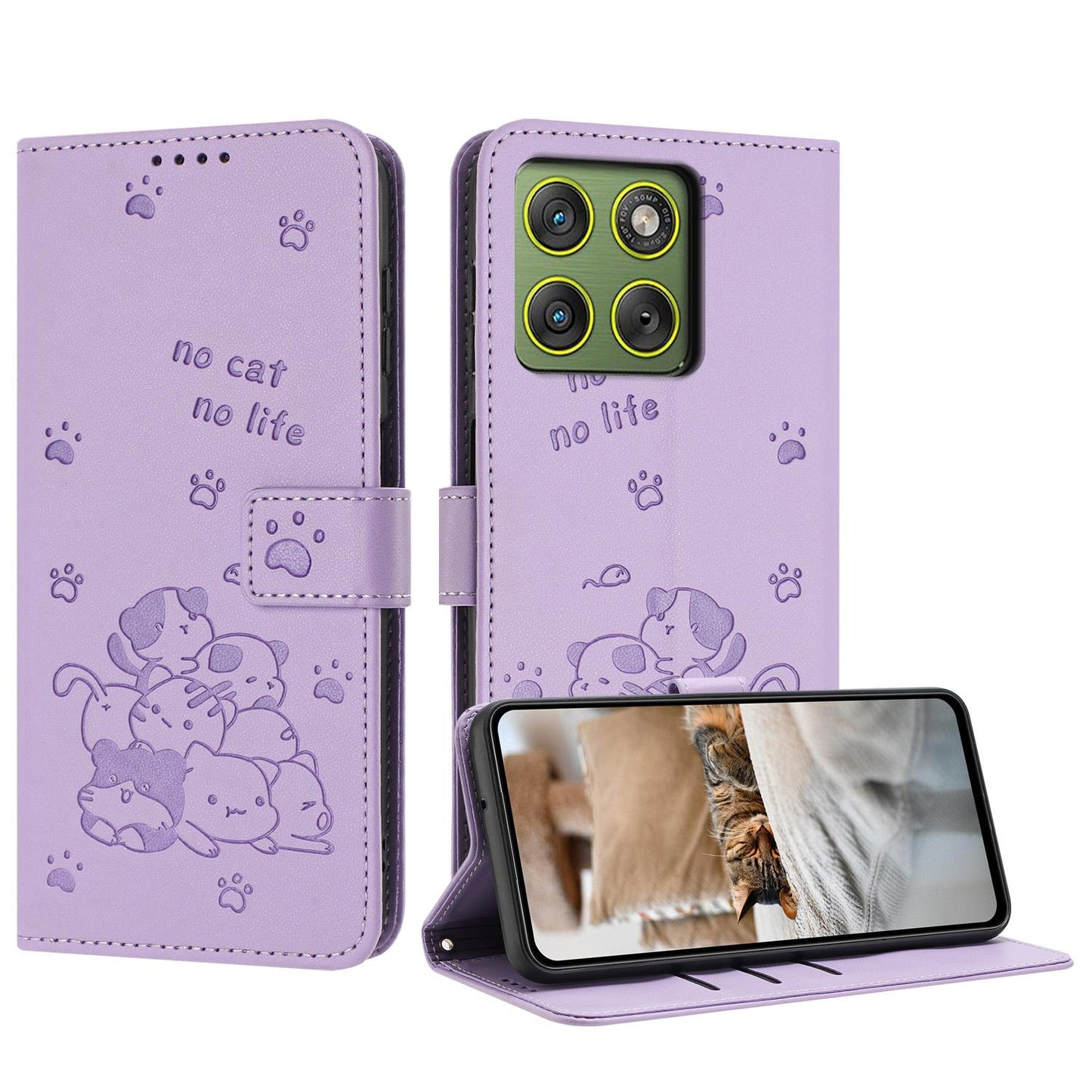 Motorola Edge 70 5G Embossed Kitten PU Leather Wallet Case with Card Slots, Cash Pocket, Kickstand Function, Wrist Lanyard Strap, Full Protective TPU Flip Cover