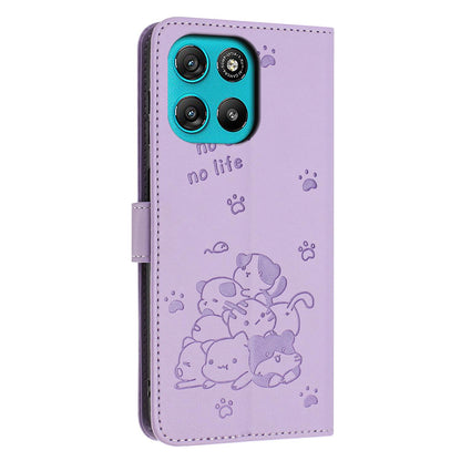 Motorola Moto G57 Power Embossed Kitten PU Leather Wallet Case with Card Slots, Cash Pocket, Kickstand Function, Wrist Lanyard Strap, Full Protective TPU Flip Cover