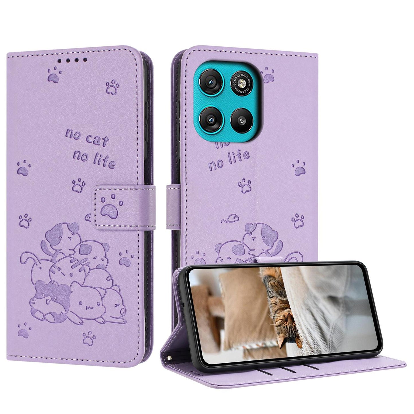 Motorola Moto G57 Power Embossed Kitten PU Leather Wallet Case with Card Slots, Cash Pocket, Kickstand Function, Wrist Lanyard Strap, Full Protective TPU Flip Cover