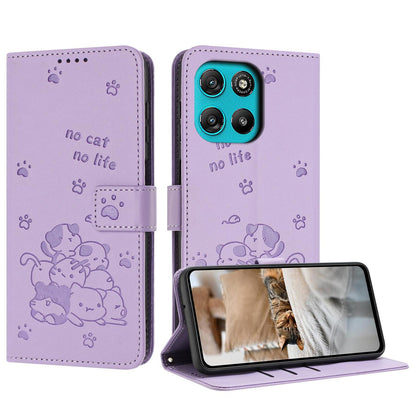 Motorola Moto G57 Power Embossed Kitten PU Leather Wallet Case with Card Slots, Cash Pocket, Kickstand Function, Wrist Lanyard Strap, Full Protective TPU Flip Cover