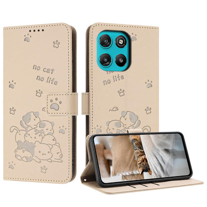 Motorola Moto G67 Power Embossed Kitten PU Leather Wallet Case with Card Slots, Cash Pocket, Kickstand Function, Wrist Lanyard Strap, Full Protective TPU Flip Cover