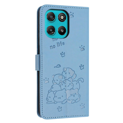 Motorola Moto G67 Power Embossed Kitten PU Leather Wallet Case with Card Slots, Cash Pocket, Kickstand Function, Wrist Lanyard Strap, Full Protective TPU Flip Cover