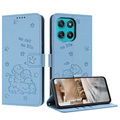 Motorola Moto G57 Power Embossed Kitten PU Leather Wallet Case with Card Slots, Cash Pocket, Kickstand Function, Wrist Lanyard Strap, Full Protective TPU Flip Cover