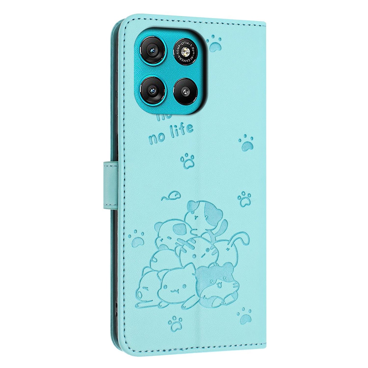 Motorola Moto G67 Power Embossed Kitten PU Leather Wallet Case with Card Slots, Cash Pocket, Kickstand Function, Wrist Lanyard Strap, Full Protective TPU Flip Cover