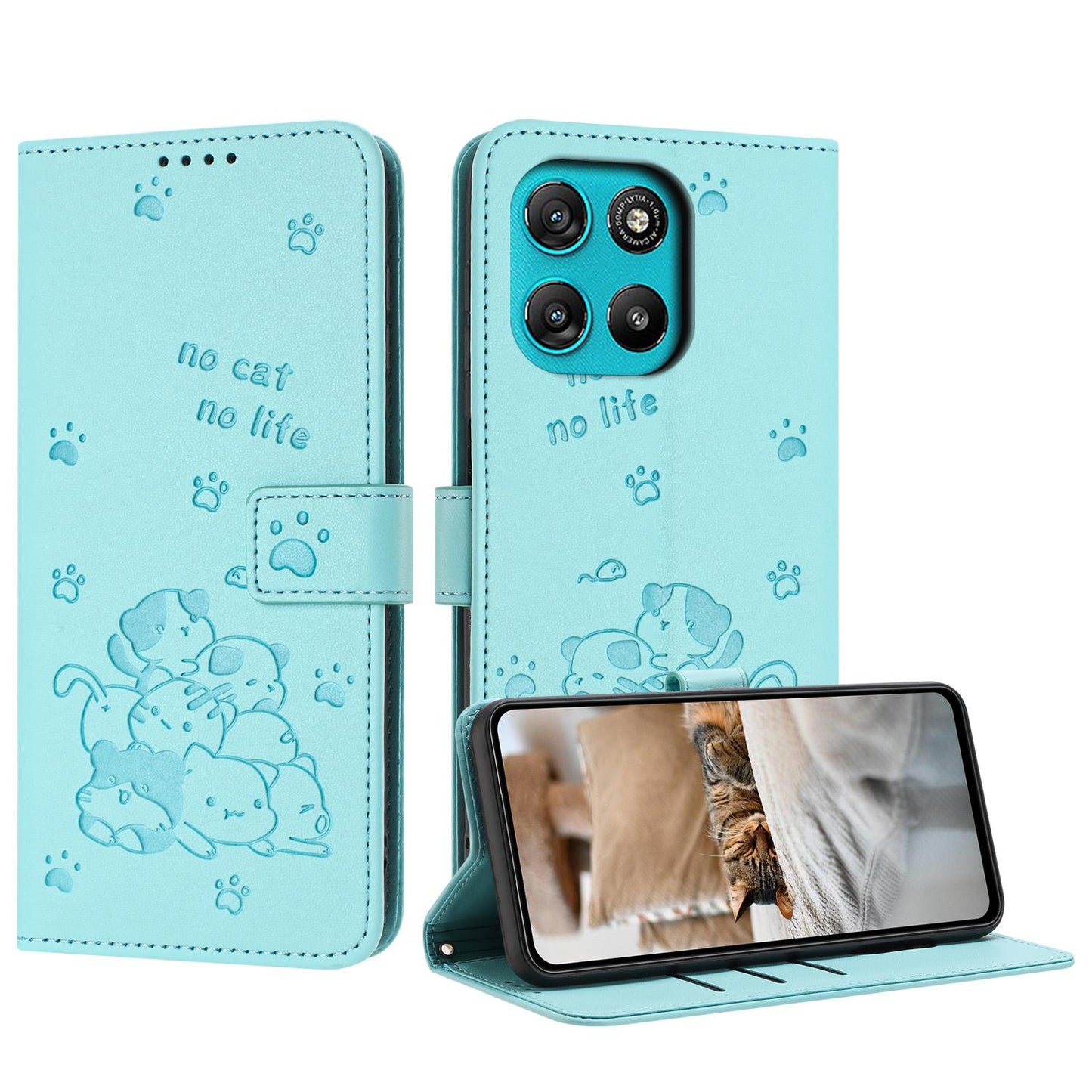 Motorola Moto G57 Power Embossed Kitten PU Leather Wallet Case with Card Slots, Cash Pocket, Kickstand Function, Wrist Lanyard Strap, Full Protective TPU Flip Cover