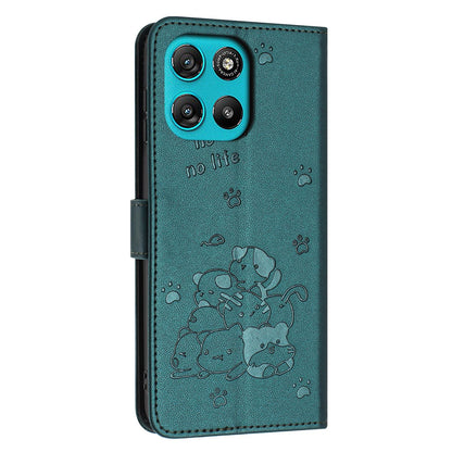 Motorola Moto G57 Power Embossed Kitten PU Leather Wallet Case with Card Slots, Cash Pocket, Kickstand Function, Wrist Lanyard Strap, Full Protective TPU Flip Cover