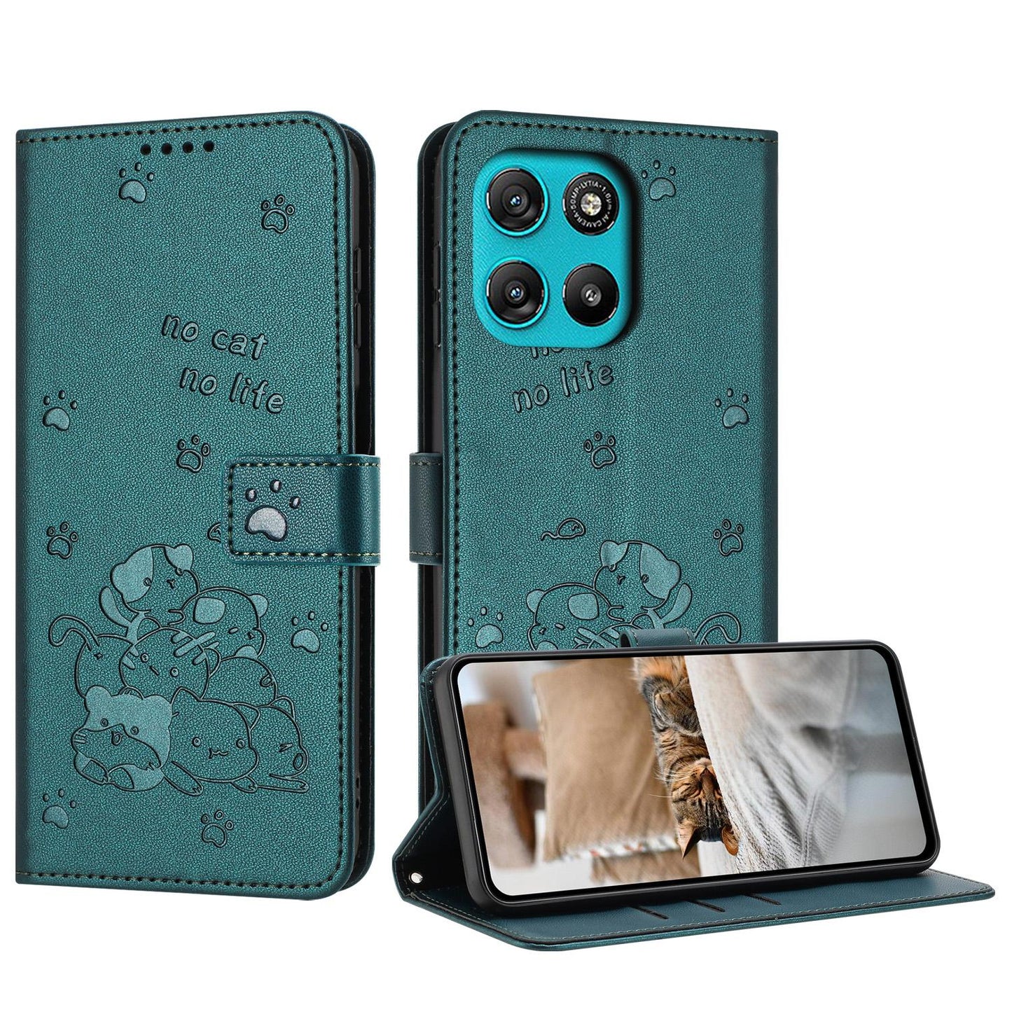 Motorola Moto G57 Power Embossed Kitten PU Leather Wallet Case with Card Slots, Cash Pocket, Kickstand Function, Wrist Lanyard Strap, Full Protective TPU Flip Cover