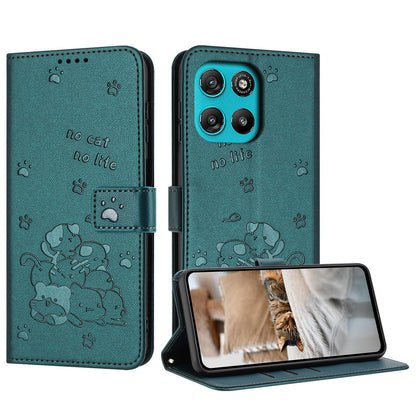 Motorola Moto G57 Power Embossed Kitten PU Leather Wallet Case with Card Slots, Cash Pocket, Kickstand Function, Wrist Lanyard Strap, Full Protective TPU Flip Cover