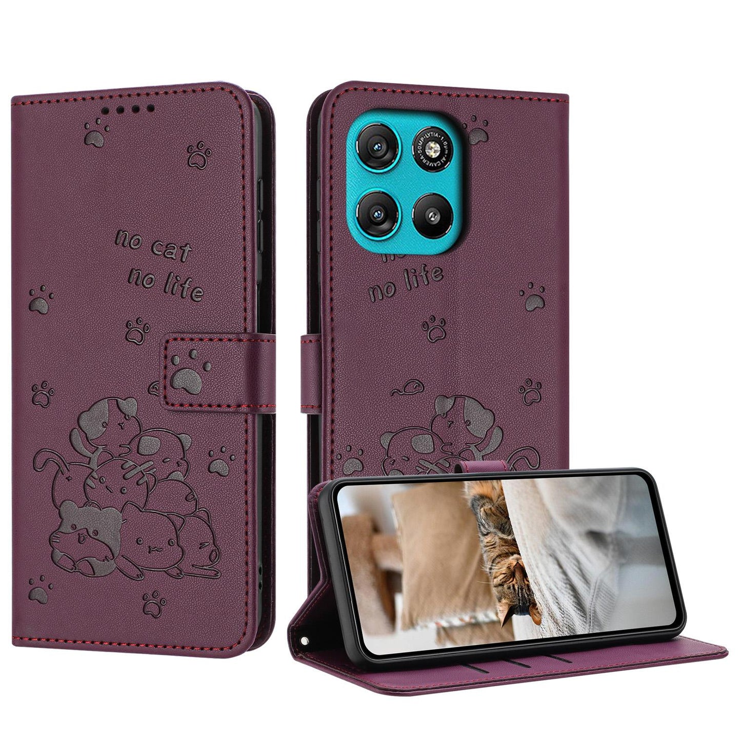 Motorola Moto G67 Power Embossed Kitten PU Leather Wallet Case with Card Slots, Cash Pocket, Kickstand Function, Wrist Lanyard Strap, Full Protective TPU Flip Cover