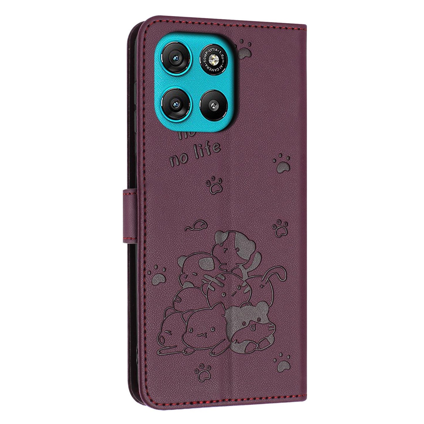 Motorola Moto G57 Power Embossed Kitten PU Leather Wallet Case with Card Slots, Cash Pocket, Kickstand Function, Wrist Lanyard Strap, Full Protective TPU Flip Cover