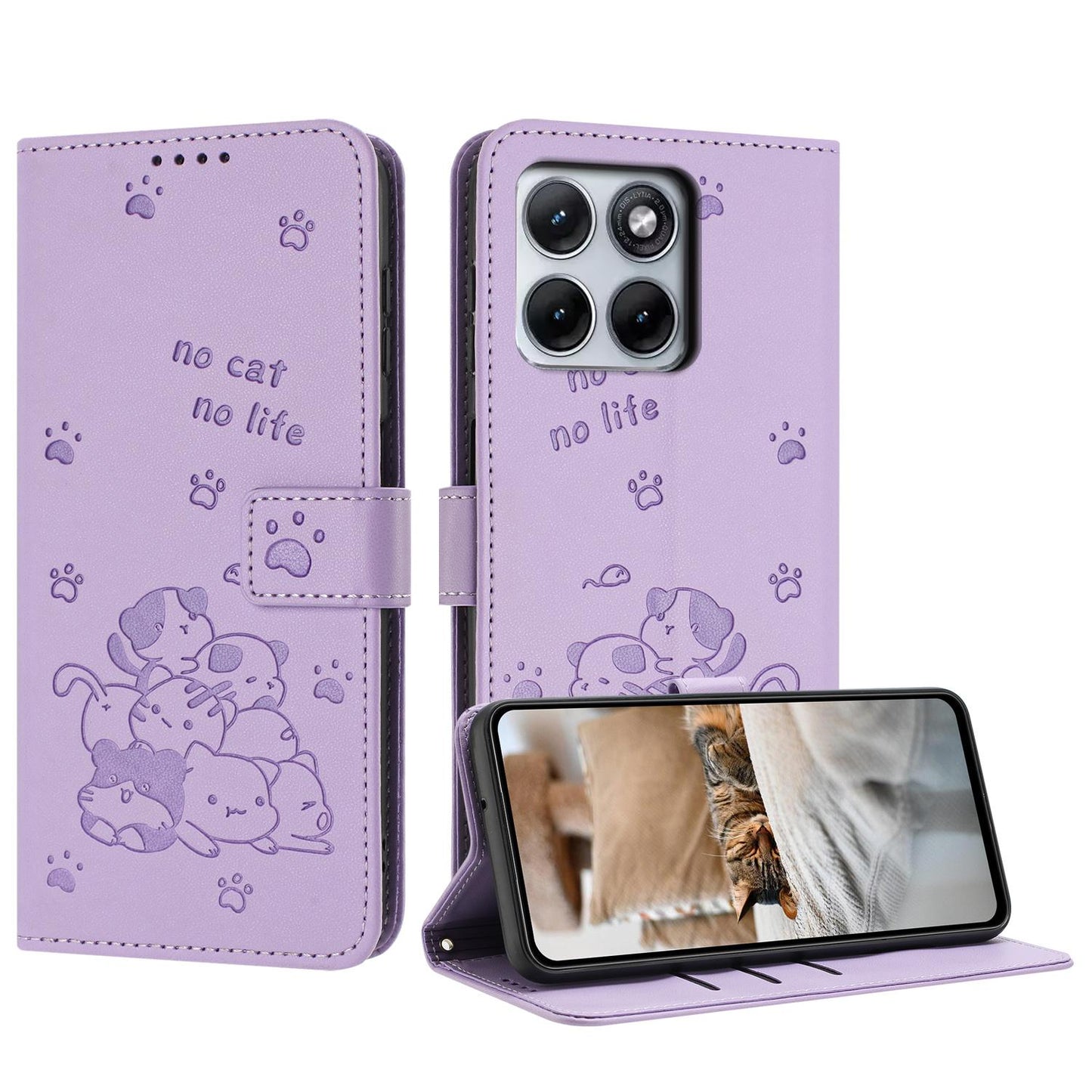 Motorola Edge 70 Fusion 5G Embossed Kitten PU Leather Wallet Case with Card Slots, Cash Pocket, Kickstand Function, Wrist Lanyard Strap, Full Protective TPU Flip Cover