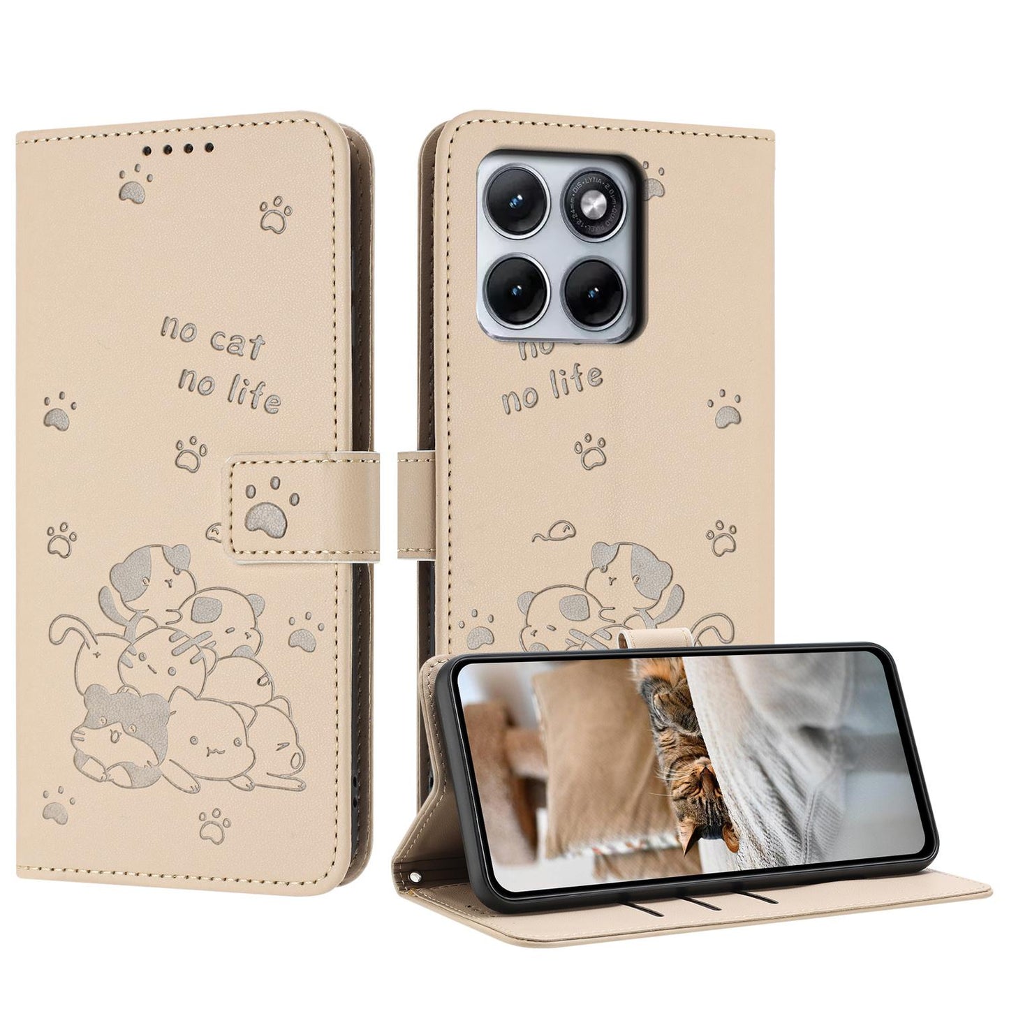 Motorola Edge 70 Fusion 5G Embossed Kitten PU Leather Wallet Case with Card Slots, Cash Pocket, Kickstand Function, Wrist Lanyard Strap, Full Protective TPU Flip Cover