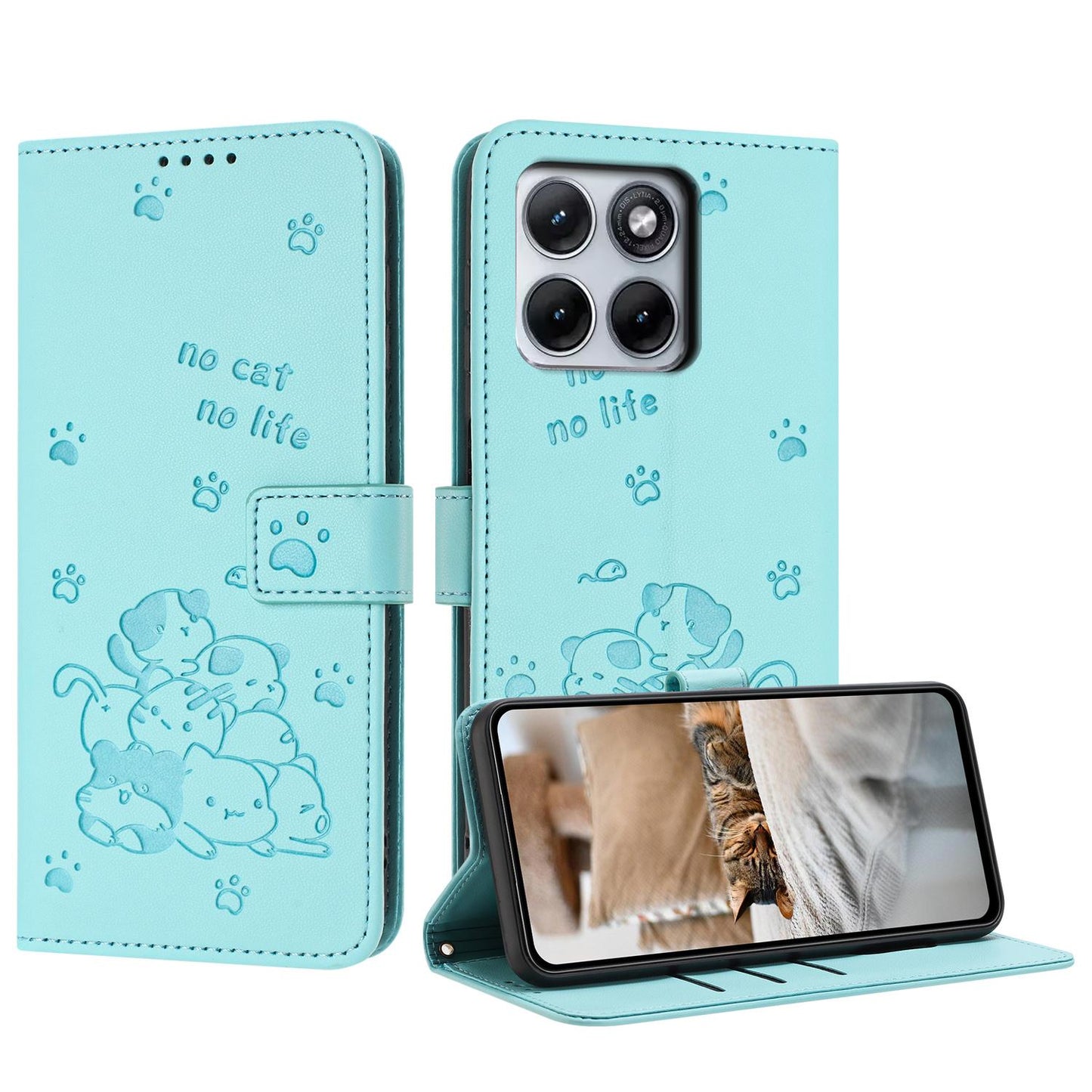 Motorola Edge 70 Fusion 5G Embossed Kitten PU Leather Wallet Case with Card Slots, Cash Pocket, Kickstand Function, Wrist Lanyard Strap, Full Protective TPU Flip Cover