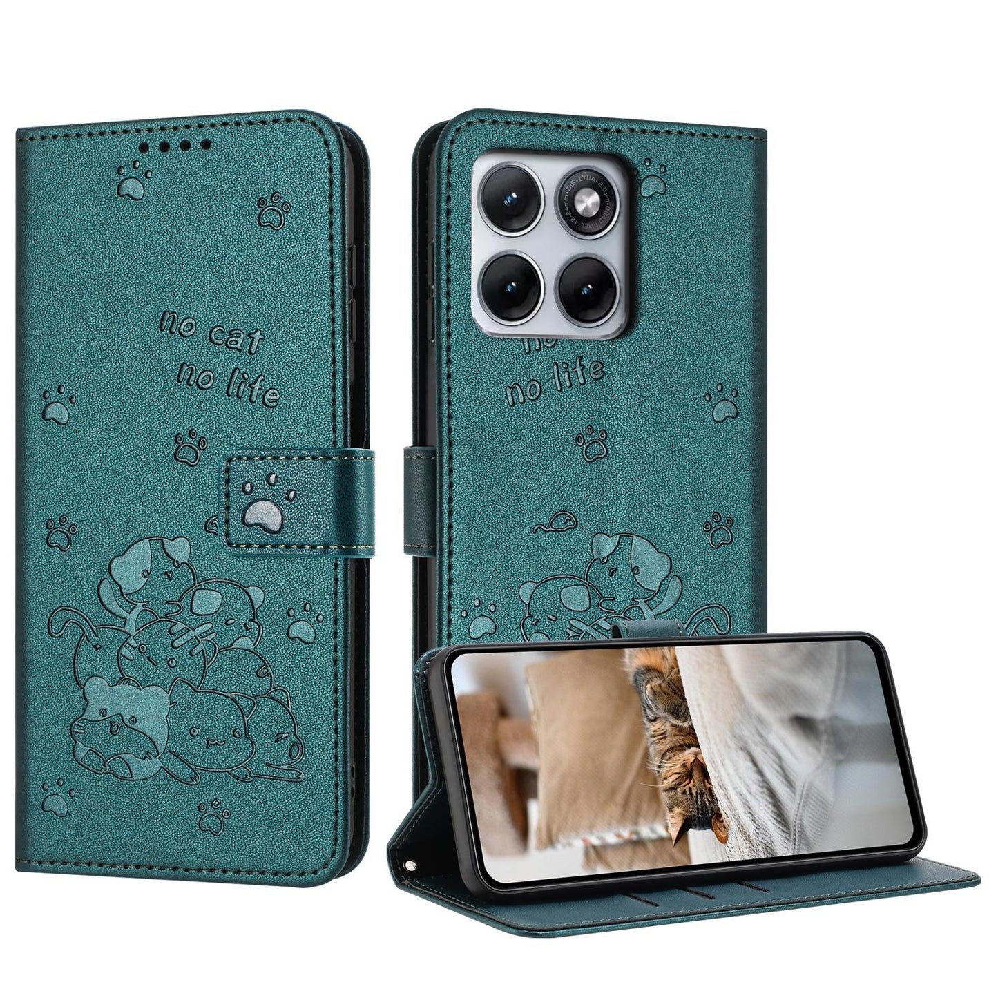 Motorola Edge 70 Fusion 5G Embossed Kitten PU Leather Wallet Case with Card Slots, Cash Pocket, Kickstand Function, Wrist Lanyard Strap, Full Protective TPU Flip Cover