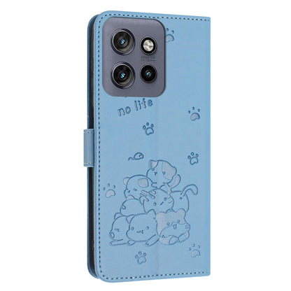 Motorola Moto G17 Embossed Kitten PU Leather Wallet Case with Card Slots, Cash Pocket, Kickstand Function, Wrist Lanyard Strap, Full Protective TPU Flip Cover