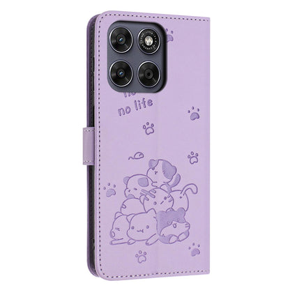 Motorola Moto G77 5G Embossed Kitten PU Leather Wallet Case with Card Slots, Cash Pocket, Kickstand Function, Wrist Lanyard Strap, Full Protective TPU Flip Cover