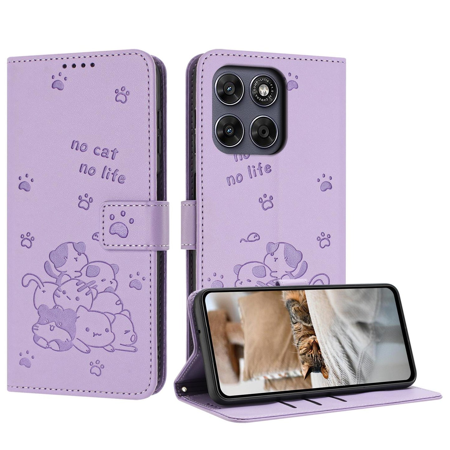 Motorola Moto G77 5G Embossed Kitten PU Leather Wallet Case with Card Slots, Cash Pocket, Kickstand Function, Wrist Lanyard Strap, Full Protective TPU Flip Cover