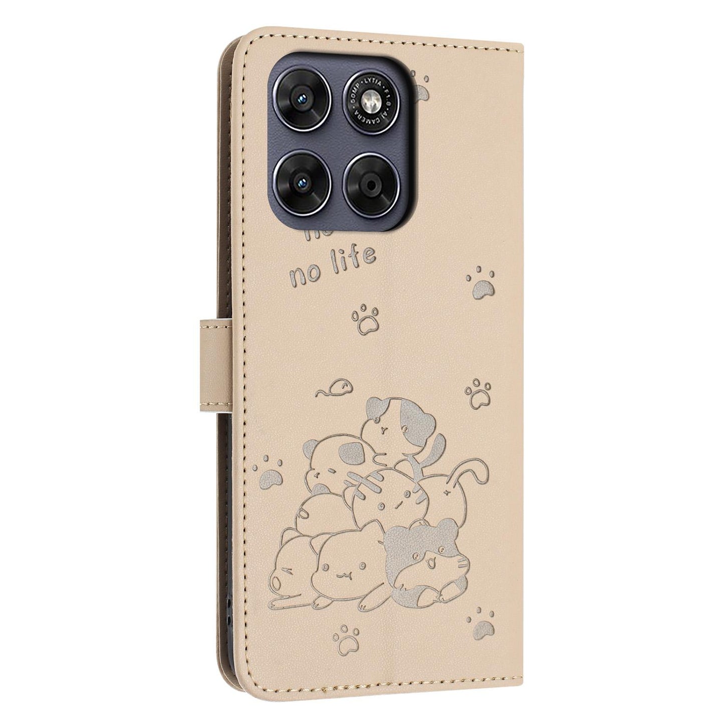 Motorola Moto G67 5G Embossed Kitten PU Leather Wallet Case with Card Slots, Cash Pocket, Kickstand Function, Wrist Lanyard Strap, Full Protective TPU Flip Cover