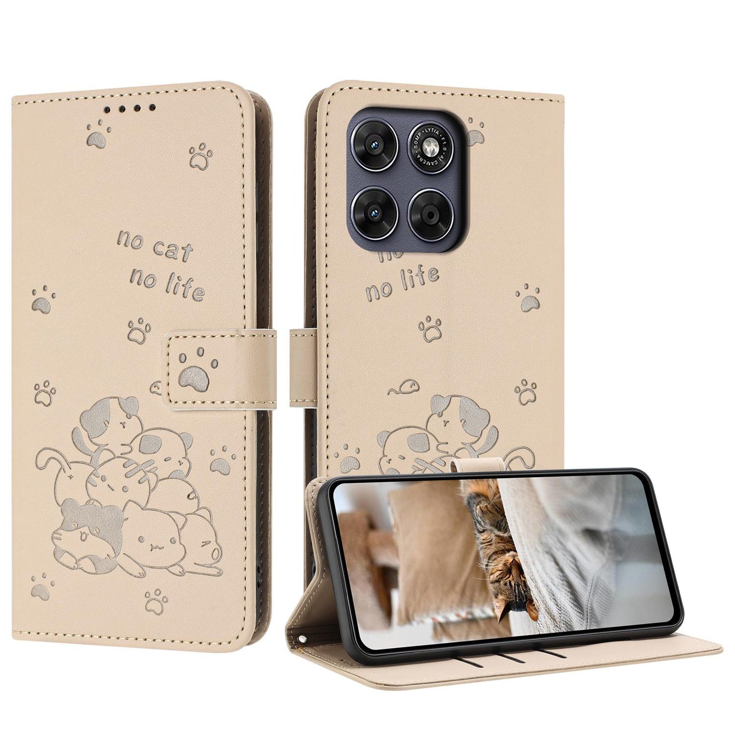 Motorola Moto G77 5G Embossed Kitten PU Leather Wallet Case with Card Slots, Cash Pocket, Kickstand Function, Wrist Lanyard Strap, Full Protective TPU Flip Cover