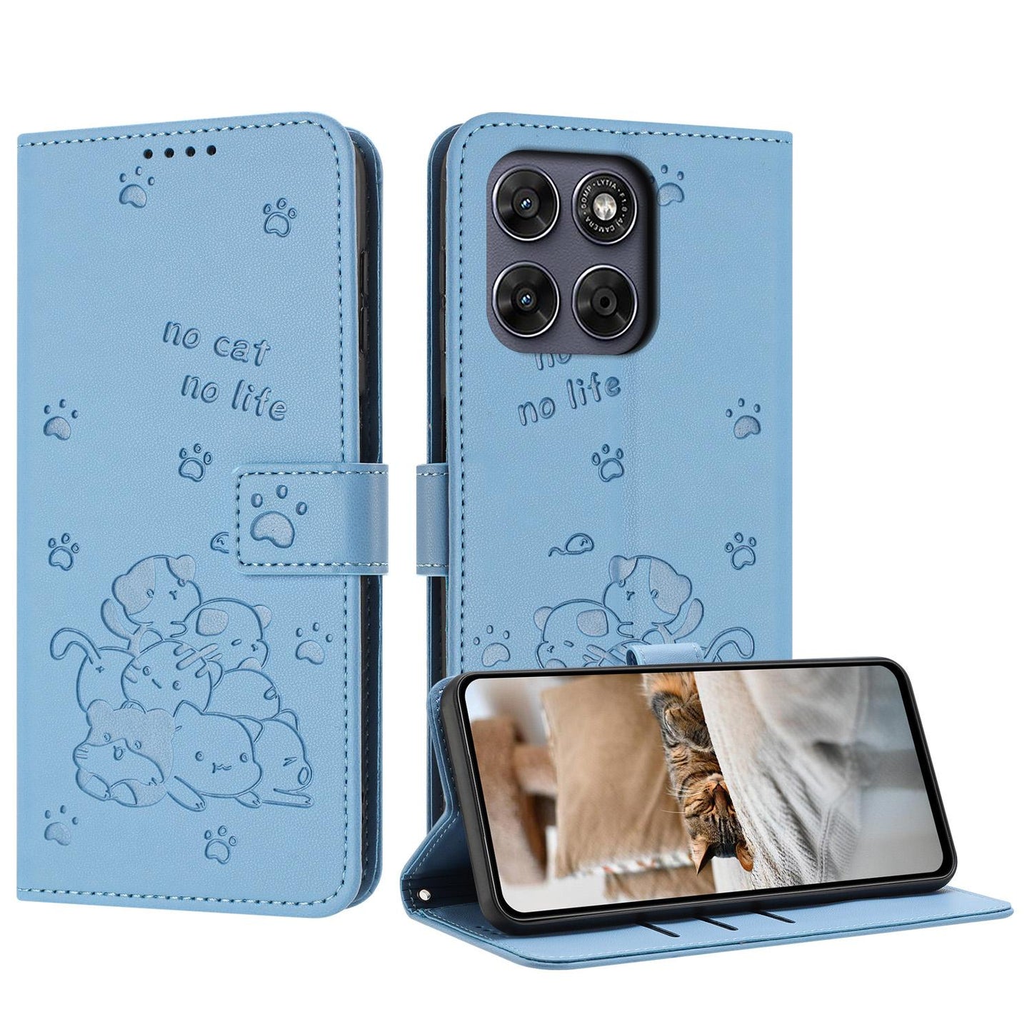 Motorola Moto G67 5G Embossed Kitten PU Leather Wallet Case with Card Slots, Cash Pocket, Kickstand Function, Wrist Lanyard Strap, Full Protective TPU Flip Cover