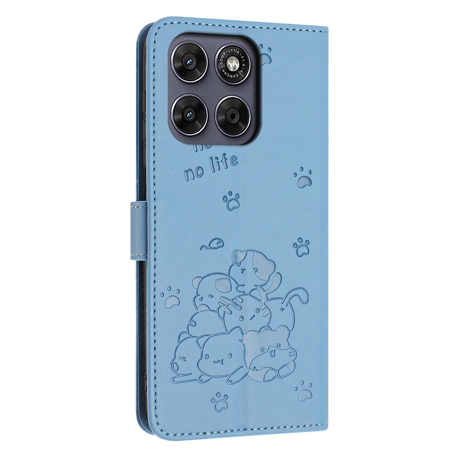 Motorola Moto G77 5G Embossed Kitten PU Leather Wallet Case with Card Slots, Cash Pocket, Kickstand Function, Wrist Lanyard Strap, Full Protective TPU Flip Cover
