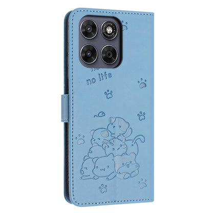 Motorola Moto G77 5G Embossed Kitten PU Leather Wallet Case with Card Slots, Cash Pocket, Kickstand Function, Wrist Lanyard Strap, Full Protective TPU Flip Cover