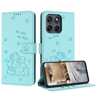 Motorola Moto G67 5G Embossed Kitten PU Leather Wallet Case with Card Slots, Cash Pocket, Kickstand Function, Wrist Lanyard Strap, Full Protective TPU Flip Cover