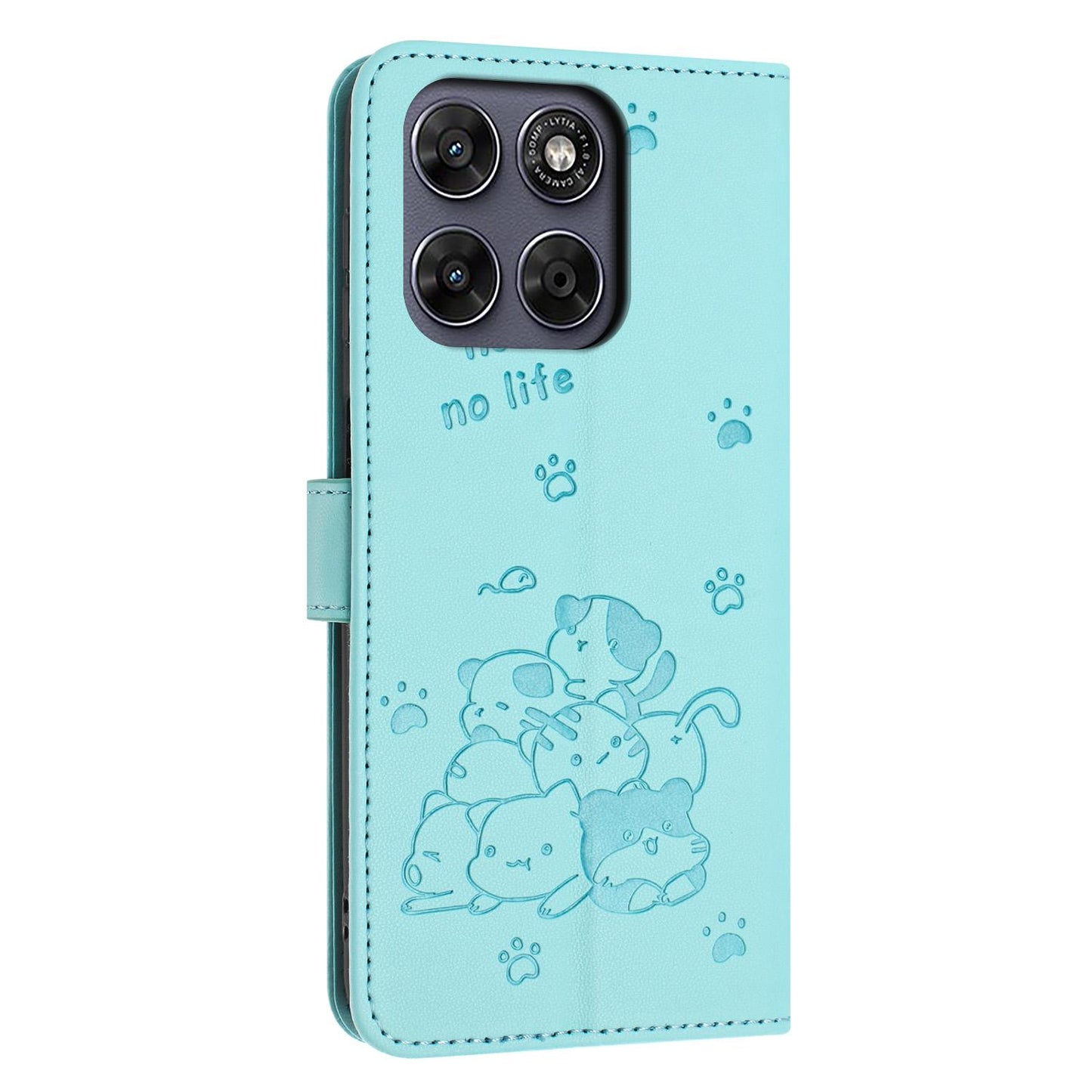 Motorola Moto G67 5G Embossed Kitten PU Leather Wallet Case with Card Slots, Cash Pocket, Kickstand Function, Wrist Lanyard Strap, Full Protective TPU Flip Cover