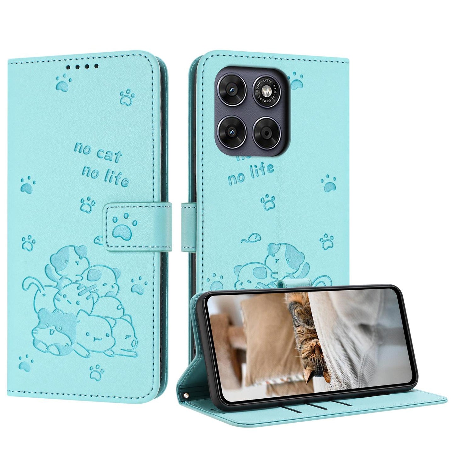 Motorola Moto G77 5G Embossed Kitten PU Leather Wallet Case with Card Slots, Cash Pocket, Kickstand Function, Wrist Lanyard Strap, Full Protective TPU Flip Cover