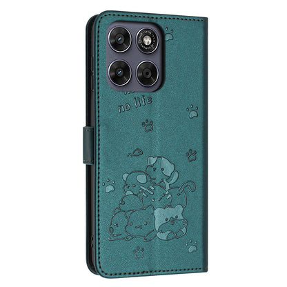 Motorola Moto G67 5G Embossed Kitten PU Leather Wallet Case with Card Slots, Cash Pocket, Kickstand Function, Wrist Lanyard Strap, Full Protective TPU Flip Cover