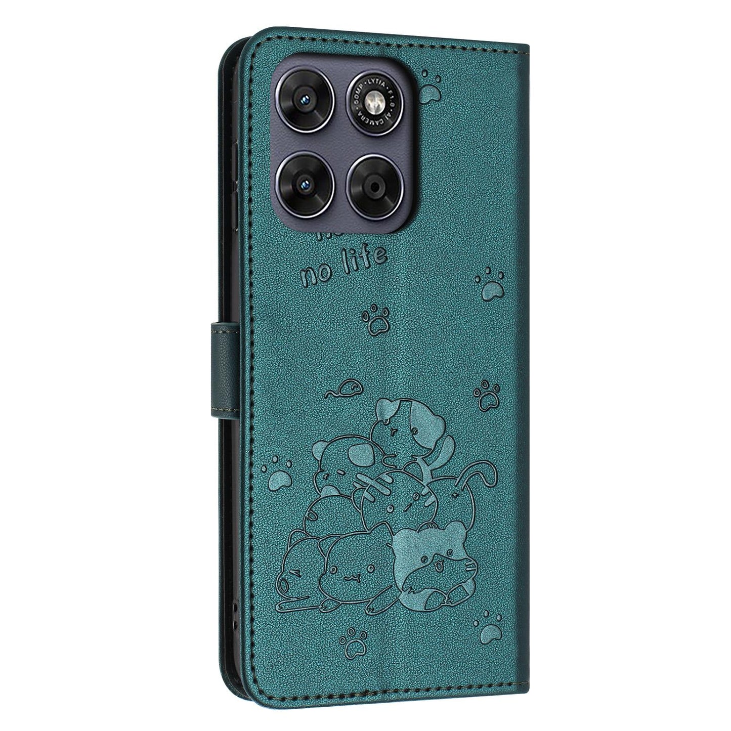 Motorola Moto G77 5G Embossed Kitten PU Leather Wallet Case with Card Slots, Cash Pocket, Kickstand Function, Wrist Lanyard Strap, Full Protective TPU Flip Cover
