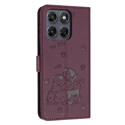 Motorola Moto G67 5G Embossed Kitten PU Leather Wallet Case with Card Slots, Cash Pocket, Kickstand Function, Wrist Lanyard Strap, Full Protective TPU Flip Cover