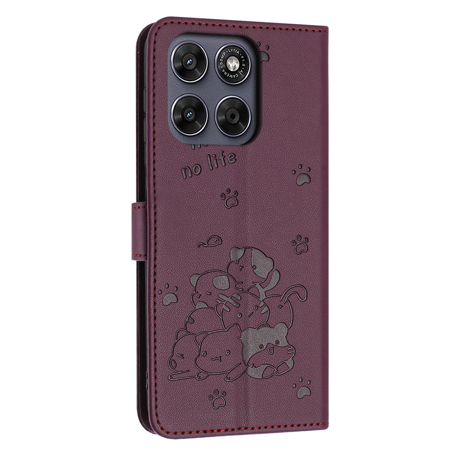 Motorola Moto G77 5G Embossed Kitten PU Leather Wallet Case with Card Slots, Cash Pocket, Kickstand Function, Wrist Lanyard Strap, Full Protective TPU Flip Cover