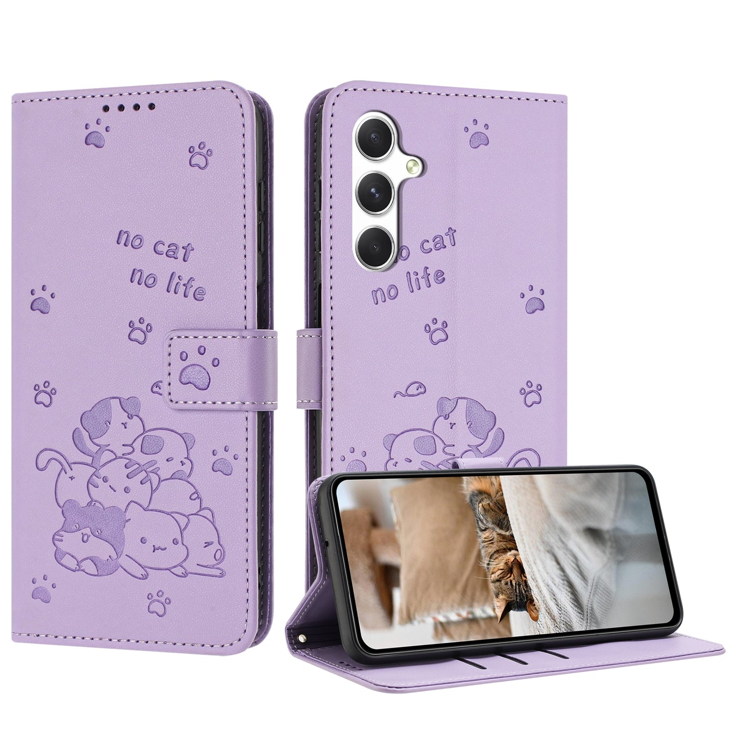 Samsung Galaxy S24 FE 5G Embossed Kitten PU Leather Wallet Case with Card Slots, Cash Pocket, Kickstand Function, Wrist Lanyard Strap, Full Protective TPU Flip Cover