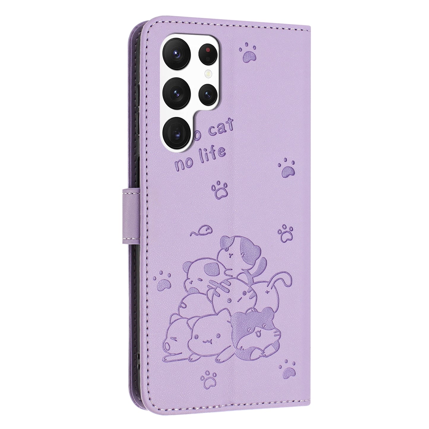 Samsung Galaxy S24 Ultra 5G Embossed Kitten PU Leather Wallet Case with Card Slots, Cash Pocket, Kickstand Function, Wrist Lanyard Strap, Full Protective TPU Flip Cover