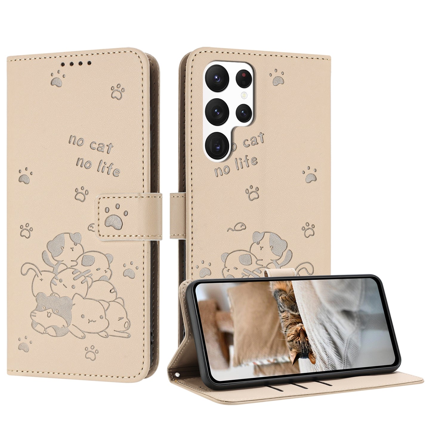 Samsung Galaxy S24 Ultra 5G Embossed Kitten PU Leather Wallet Case with Card Slots, Cash Pocket, Kickstand Function, Wrist Lanyard Strap, Full Protective TPU Flip Cover