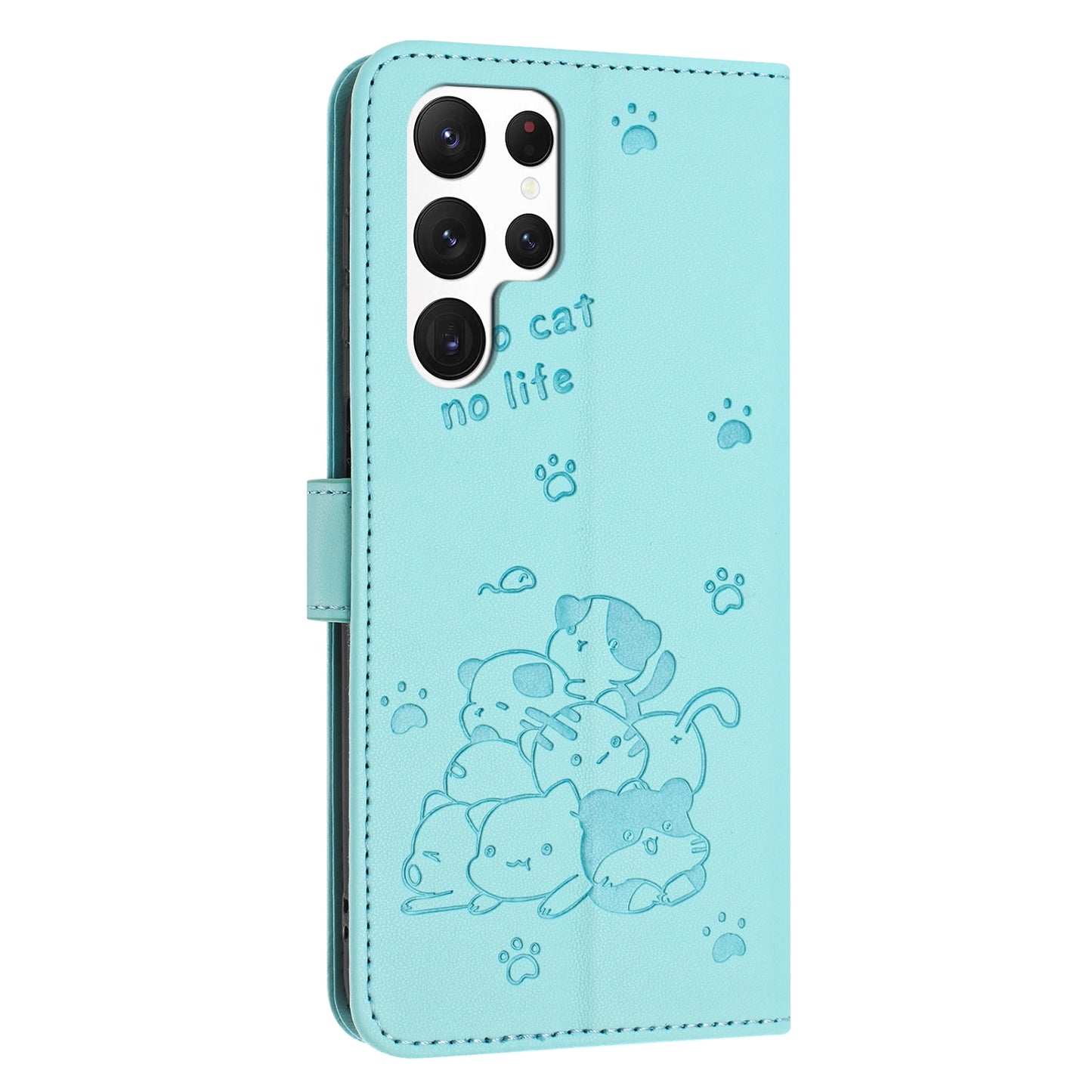Samsung Galaxy S24 Ultra 5G Embossed Kitten PU Leather Wallet Case with Card Slots, Cash Pocket, Kickstand Function, Wrist Lanyard Strap, Full Protective TPU Flip Cover