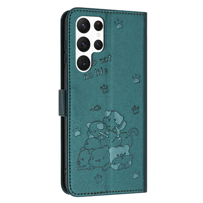 Samsung Galaxy S24 Ultra 5G Embossed Kitten PU Leather Wallet Case with Card Slots, Cash Pocket, Kickstand Function, Wrist Lanyard Strap, Full Protective TPU Flip Cover