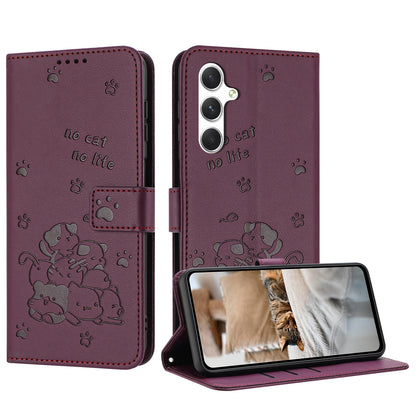 Samsung Galaxy S24+ 5G Embossed Kitten PU Leather Wallet Case with Card Slots, Cash Pocket, Kickstand Function, Wrist Lanyard Strap, Full Protective TPU Flip Cover