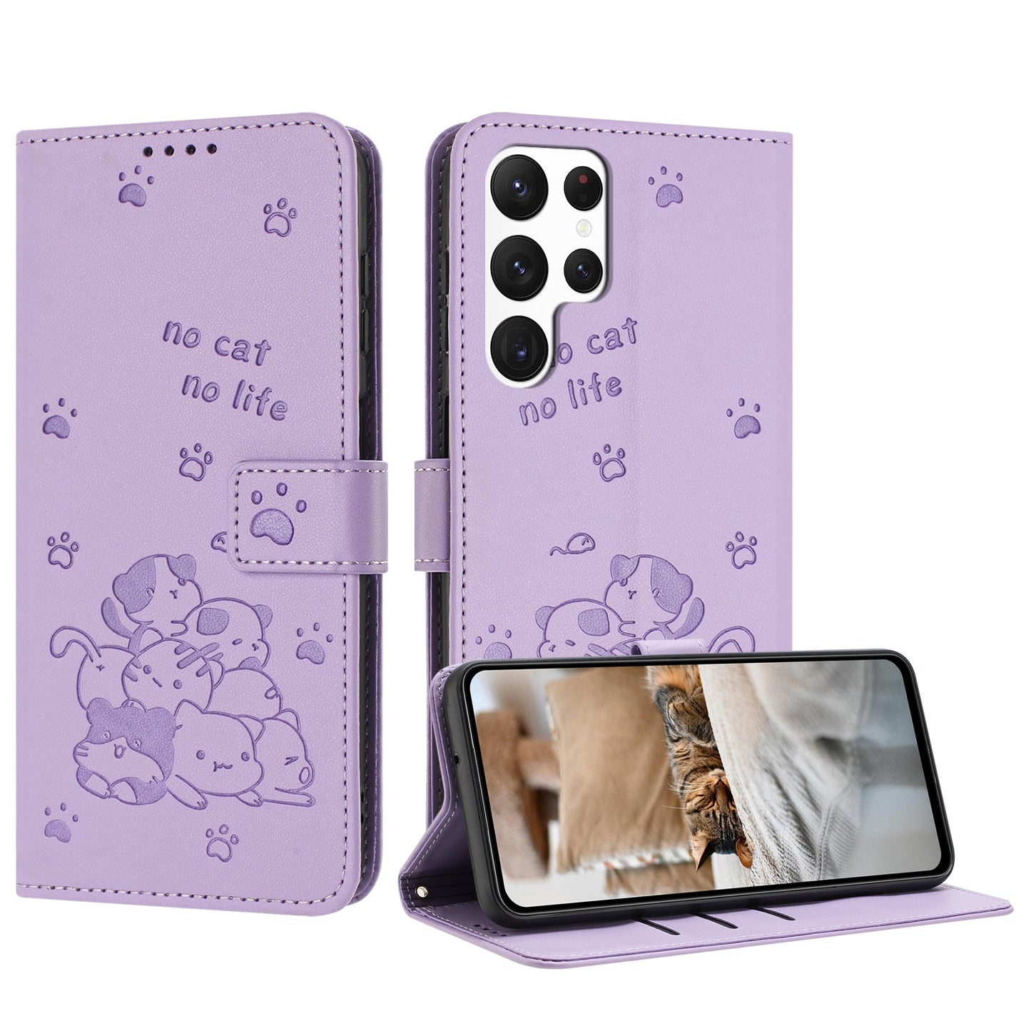 Samsung Galaxy S23 Ultra 5G Embossed Kitten PU Leather Wallet Case with Card Slots, Cash Pocket, Kickstand Function, Wrist Lanyard Strap, Full Protective TPU Flip Cover