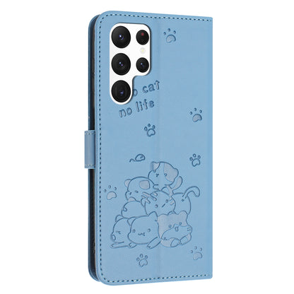 Samsung Galaxy S23 Ultra 5G Embossed Kitten PU Leather Wallet Case with Card Slots, Cash Pocket, Kickstand Function, Wrist Lanyard Strap, Full Protective TPU Flip Cover